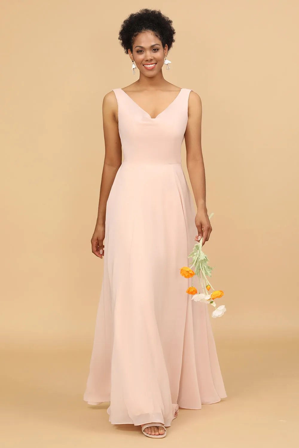 A Line V Neck Blush Chiffon Long Bridesmaid Dress sold by Zapaka