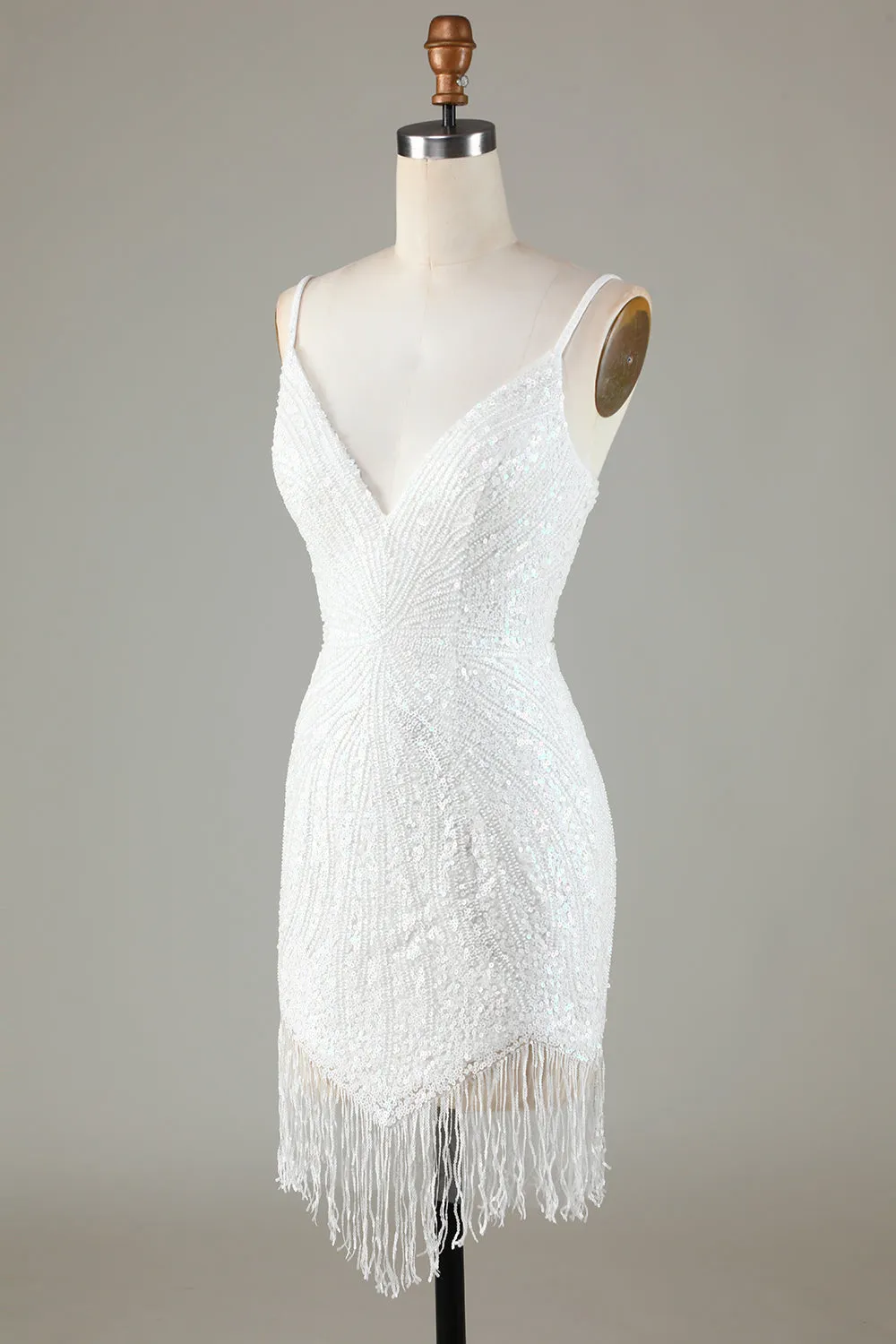 Sparkly Bodycon Spaghetti Straps White Lace-Up Back Short Homecoming Dress with Beading sold by Zapaka product image thumbnail 4