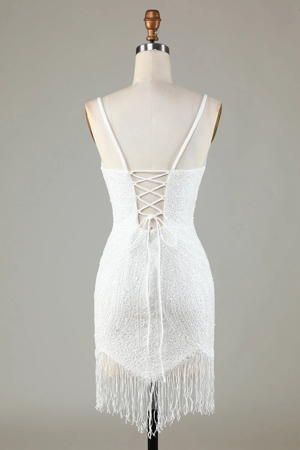 Sparkly Bodycon Spaghetti Straps White Lace-Up Back Short Homecoming Dress with Beading sold by Zapaka product image thumbnail 2