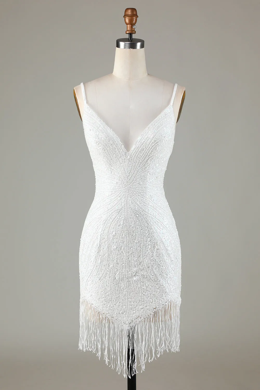 Sparkly Bodycon Spaghetti Straps White Lace-Up Back Short Homecoming Dress with Beading sold by Zapaka