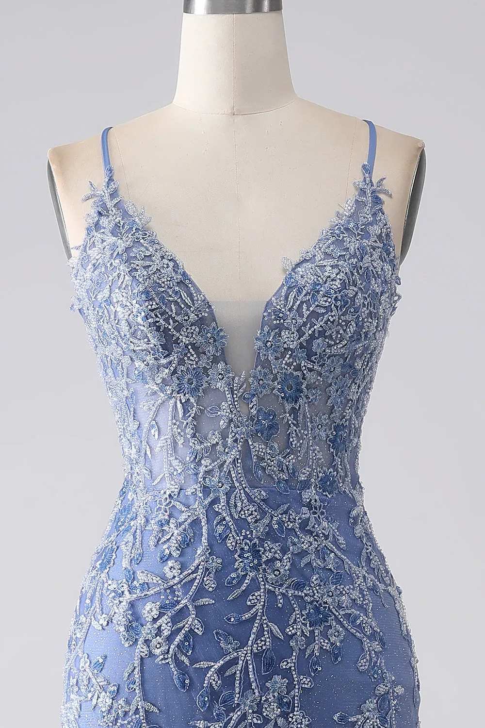 Grey Blue Mermaid Spaghetti Strap Beaded Backless Prom Dress With Appliques sold by Zapaka product image thumbnail 4