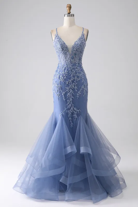 Grey Blue Mermaid Spaghetti Strap Beaded Backless Prom Dress With Appliques sold by Zapaka