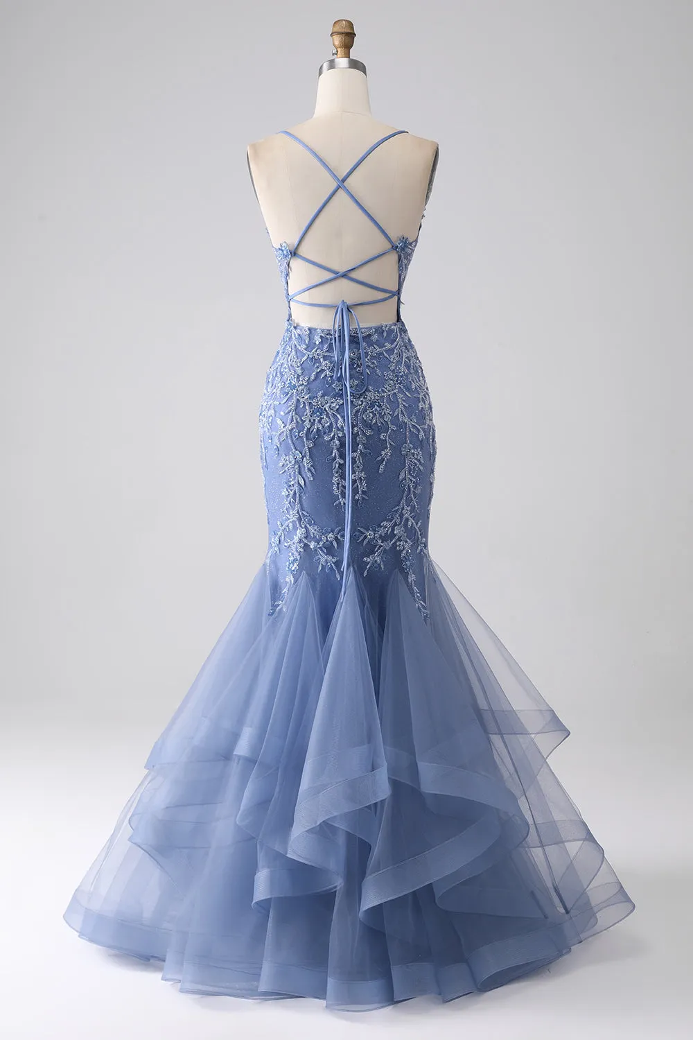 Grey Blue Mermaid Spaghetti Strap Beaded Backless Prom Dress With Appliques sold by Zapaka product image thumbnail 2
