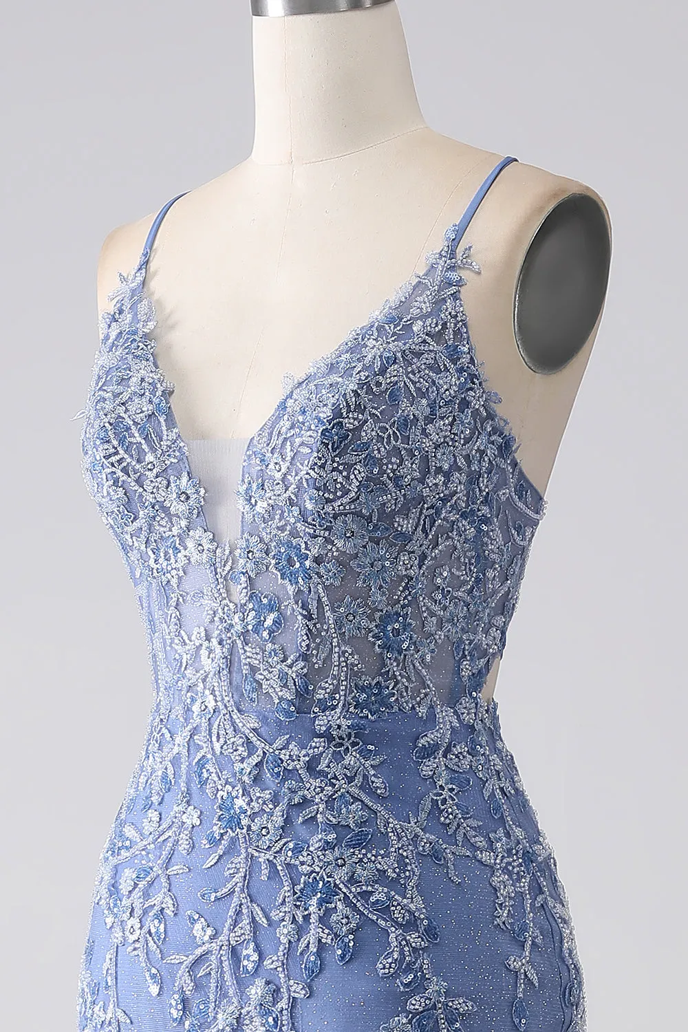 Grey Blue Mermaid Spaghetti Strap Beaded Backless Prom Dress With Appliques sold by Zapaka product image thumbnail 5