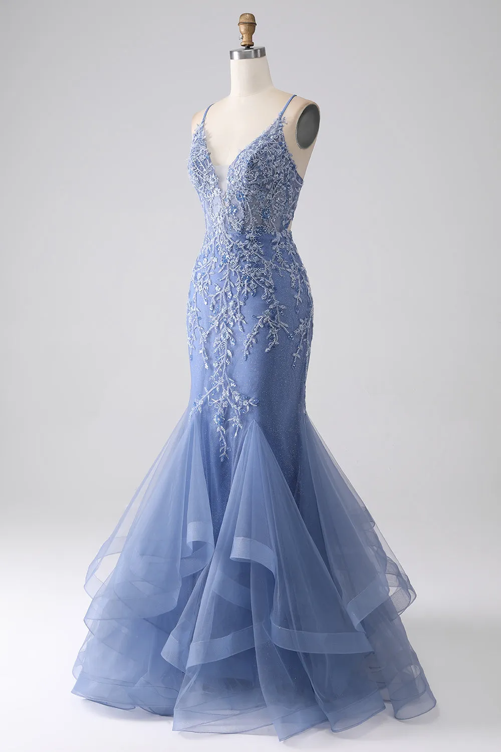 Grey Blue Mermaid Spaghetti Strap Beaded Backless Prom Dress With Appliques sold by Zapaka product image thumbnail 3