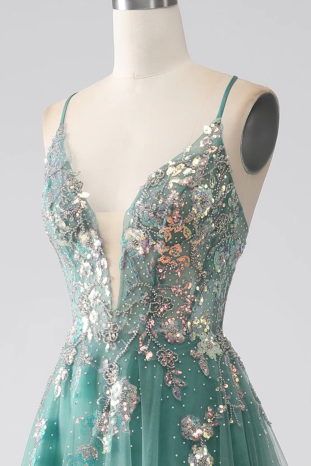 Green A-Line Spaghetti Straps Long Prom Dress With Sparkly Sequin Appliques sold by Zapaka product image thumbnail 5