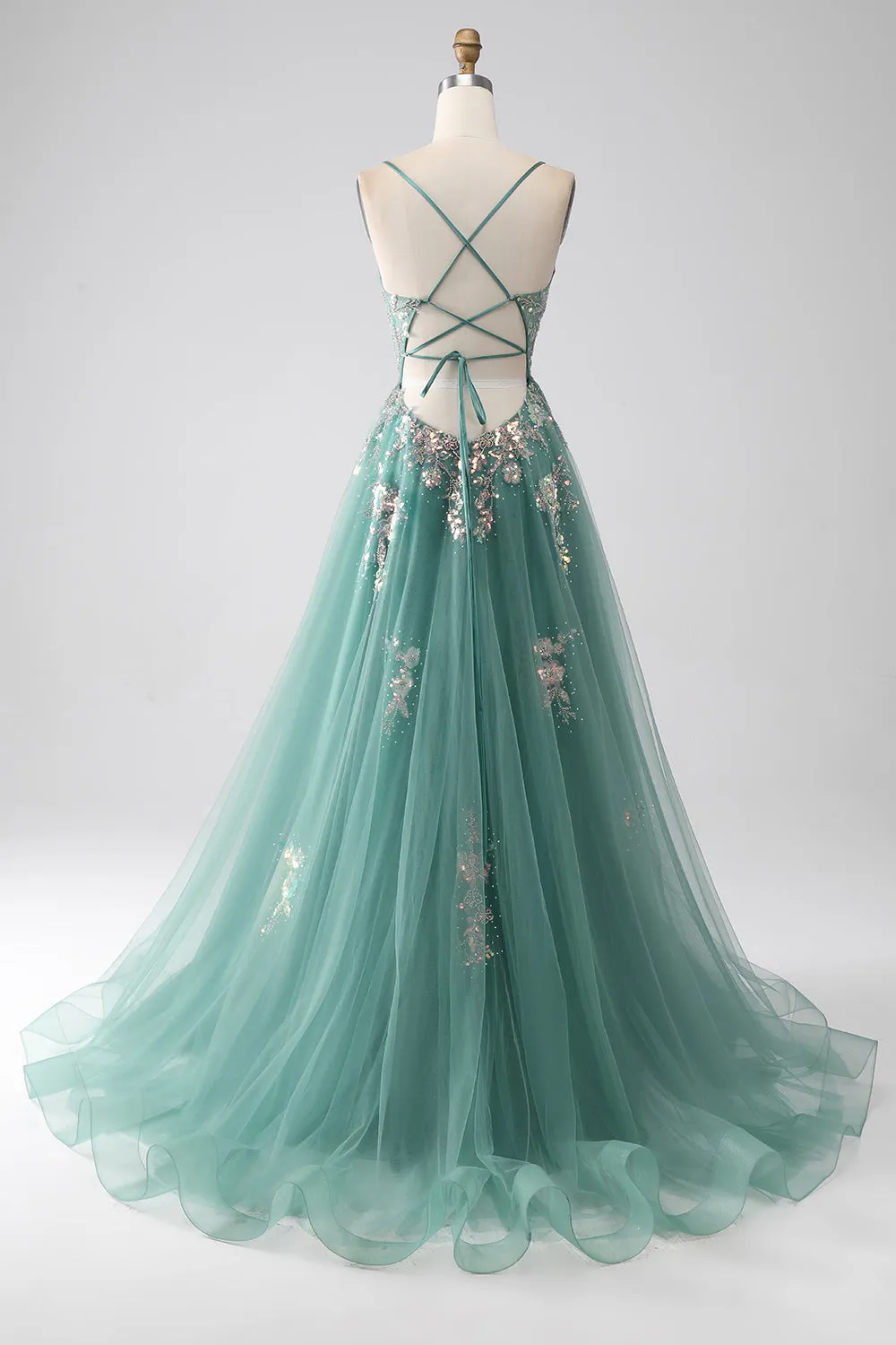 Green A-Line Spaghetti Straps Long Prom Dress With Sparkly Sequin Appliques sold by Zapaka product image thumbnail 2