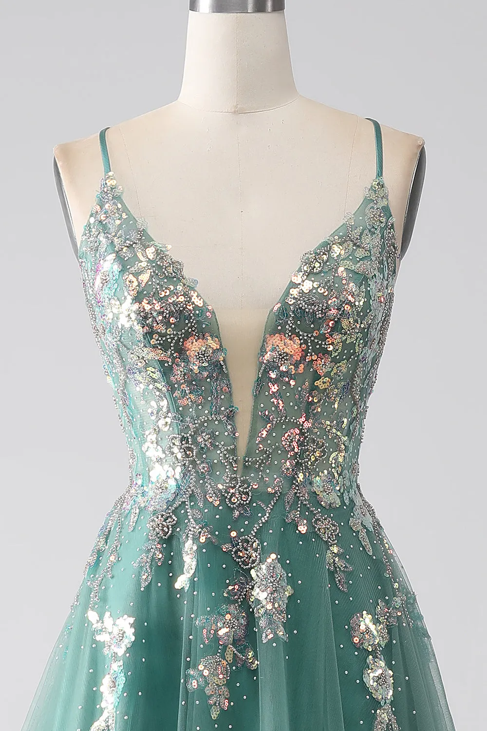 Green A-Line Spaghetti Straps Long Prom Dress With Sparkly Sequin Appliques sold by Zapaka product image thumbnail 4