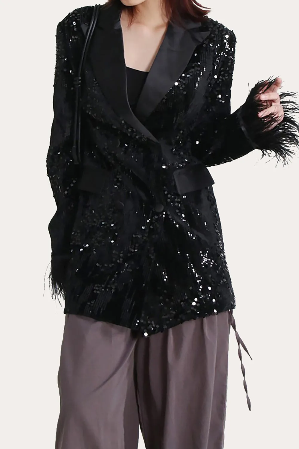 Glitter Black Sequins Women Prom Homecoming Blazer with Feathers sold by Zapaka