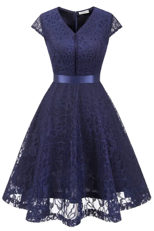 Navy V Neck Lace Bridesmaid Dress sold by Zapaka