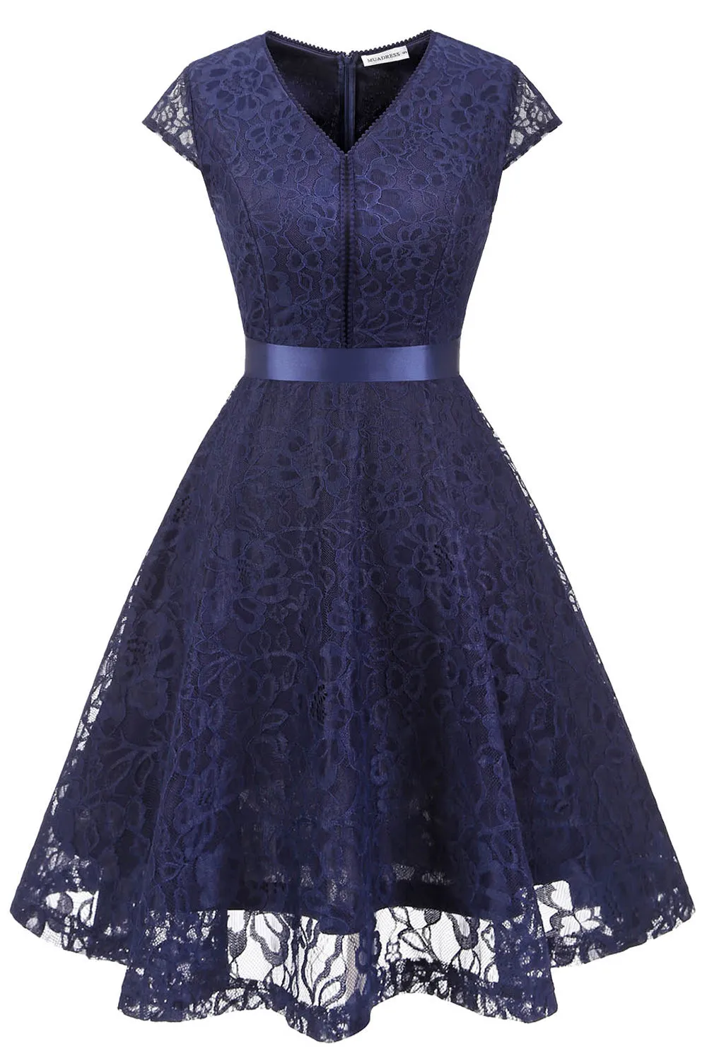 Navy V Neck Lace Bridesmaid Dress sold by Zapaka
