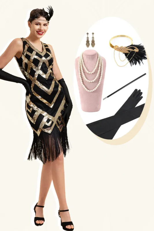 Golden Sleeveless Fringes Flapper Dress with 1920s Accessories Set sold by Zapaka