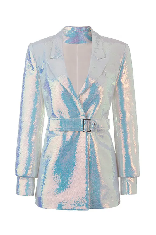 Sparkly White Sequins Peak Lapel Women Blazer with Belt sold by Zapaka