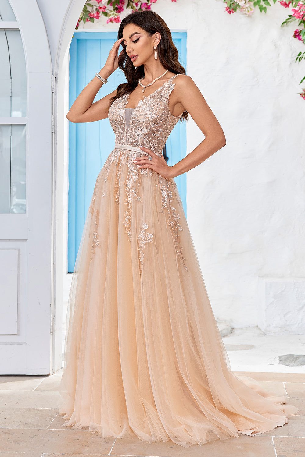 Gorgeous A Line V-Neck Champagne Tulle Wedding Dress with Lace sold by Zapaka product image thumbnail 4