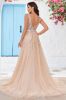 Gorgeous A Line V-Neck Champagne Tulle Wedding Dress with Lace sold by Zapaka
