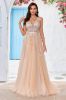 Gorgeous A Line V-Neck Champagne Tulle Wedding Dress with Lace sold by Zapaka