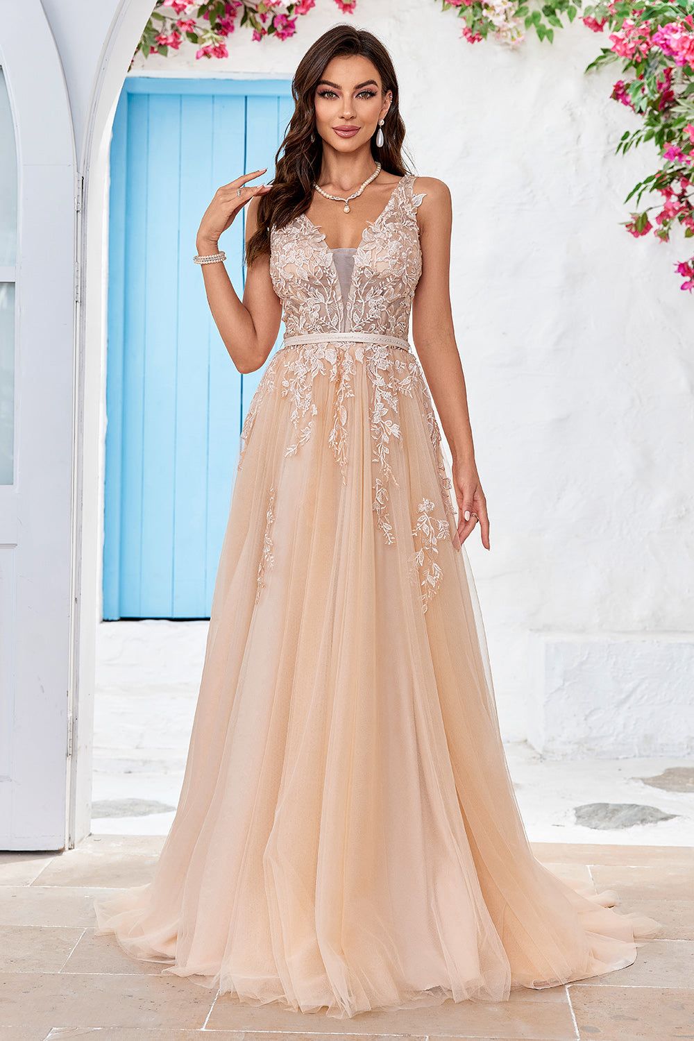 Gorgeous A Line V-Neck Champagne Tulle Wedding Dress with