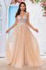 Gorgeous A Line V-Neck Champagne Tulle Wedding Dress with Lace sold by Zapaka