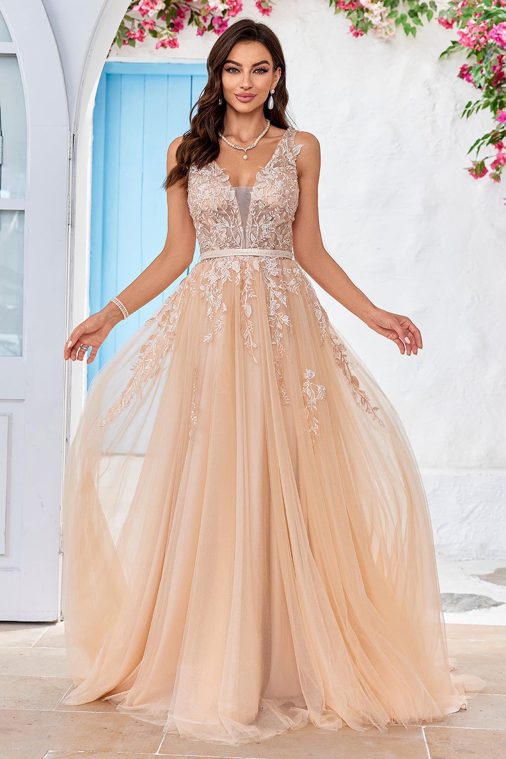 Gorgeous A Line V-Neck Champagne Tulle Wedding Dress with