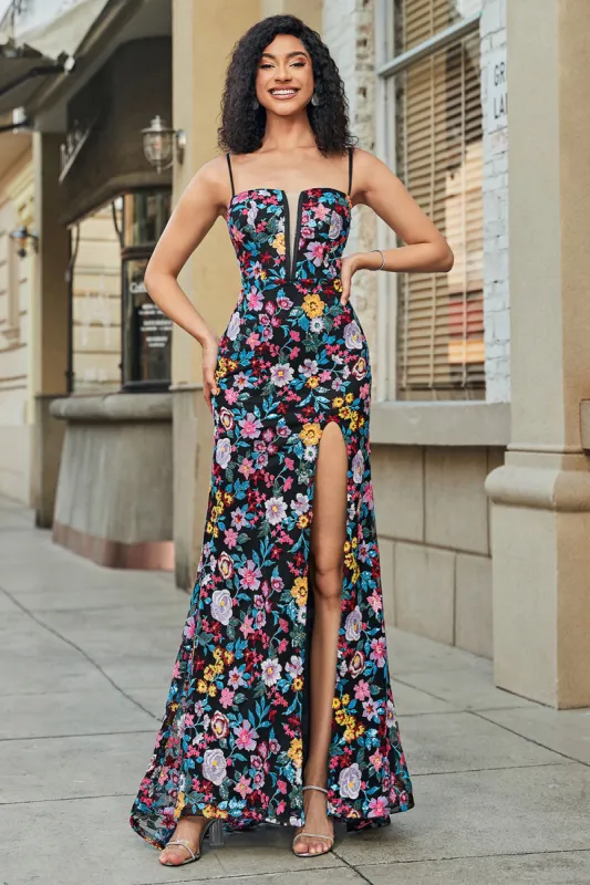 Black Flower Embroidered Mermaid Prom Dress With Side Slit sold by Zapaka