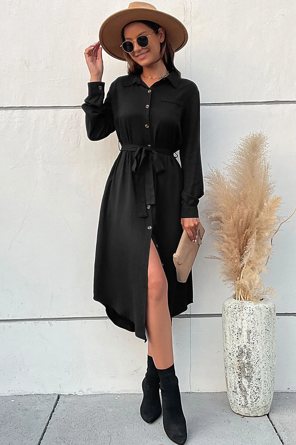 Long Sleeves A Line Black Button Summer Dress sold by Zapaka