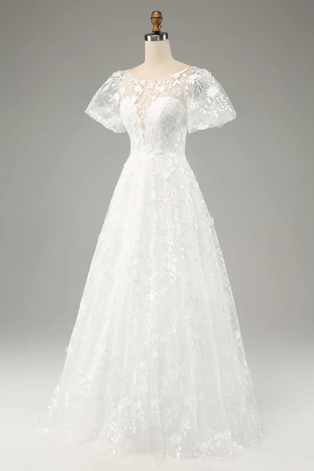 Ivory A-Line Puff Sleeves Wedding Dress with Appliques sold by Zapaka product image thumbnail 3