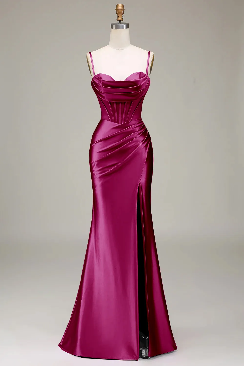 Burgundy Satin Spaghetti Straps Prom Dress with Corset sold by Zapaka