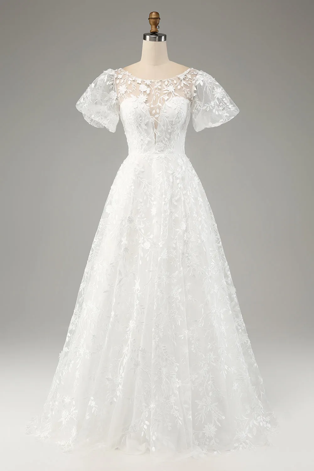 Ivory A-Line Puff Sleeves Wedding Dress with Appliques sold by Zapaka