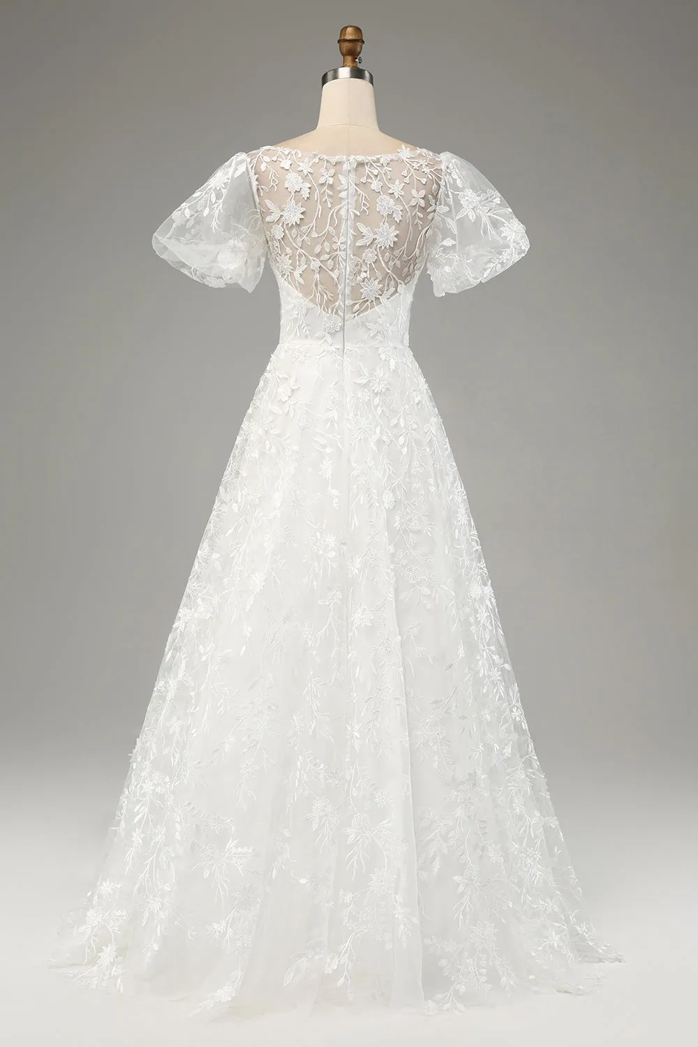 Ivory A-Line Puff Sleeves Wedding Dress with Appliques sold by Zapaka product image thumbnail 2
