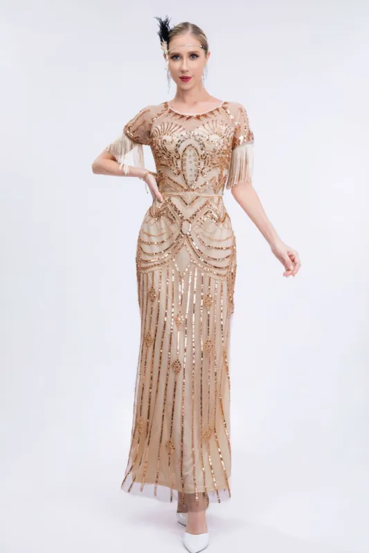 Champagne Beaded Long Gatsby Fringed Flapper Dress sold by Zapaka