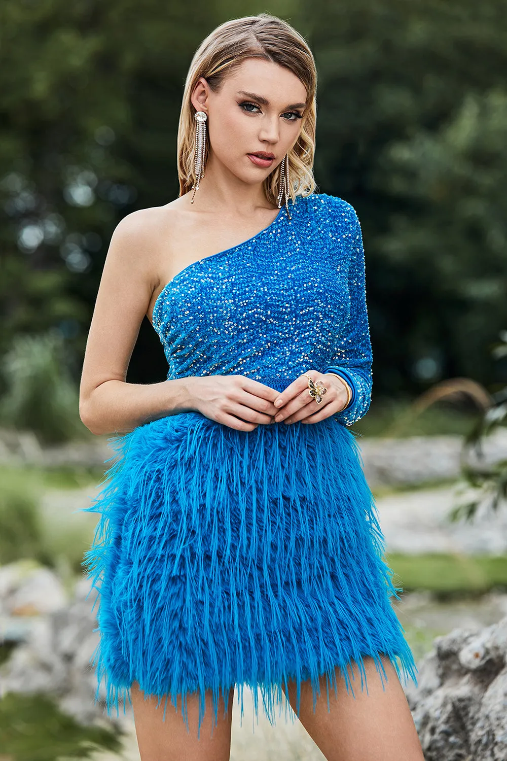 Sparkly Blue One Shoulder Sleeve Sequined Feather Homecoming Dress sold by Zapaka product image thumbnail 2