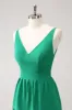 Green A-Line V-Neck Tiered Long Bridesmaid Dress sold by Zapaka