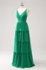 Green A-Line V-Neck Tiered Long Bridesmaid Dress sold by Zapaka