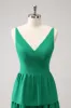 Green A-Line V-Neck Tiered Long Bridesmaid Dress sold by Zapaka