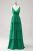 Green A-Line V-Neck Tiered Long Bridesmaid Dress sold by Zapaka