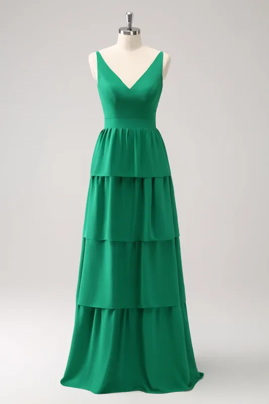 Green A-Line V-Neck Tiered Long Bridesmaid Dress sold by Zapaka
