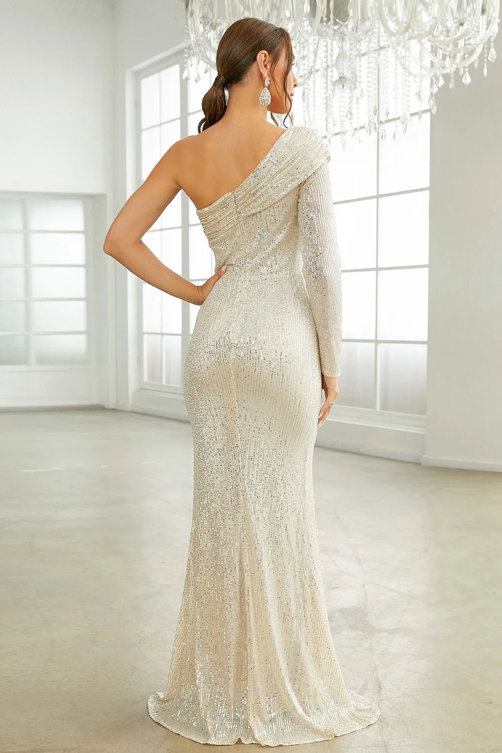 One Shoulder Long Sleeves Sparkly Prom Dress with Slit sold by Zapaka product image thumbnail 2