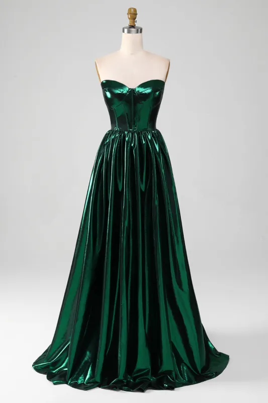 Glitter Dark Green Corset Metallic Long Prom Dress sold by Zapaka