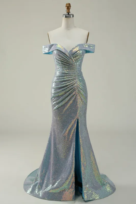 Mermaid Blue Sparkly Off the Shoulder Prom Dress With Slit sold by Zapaka
