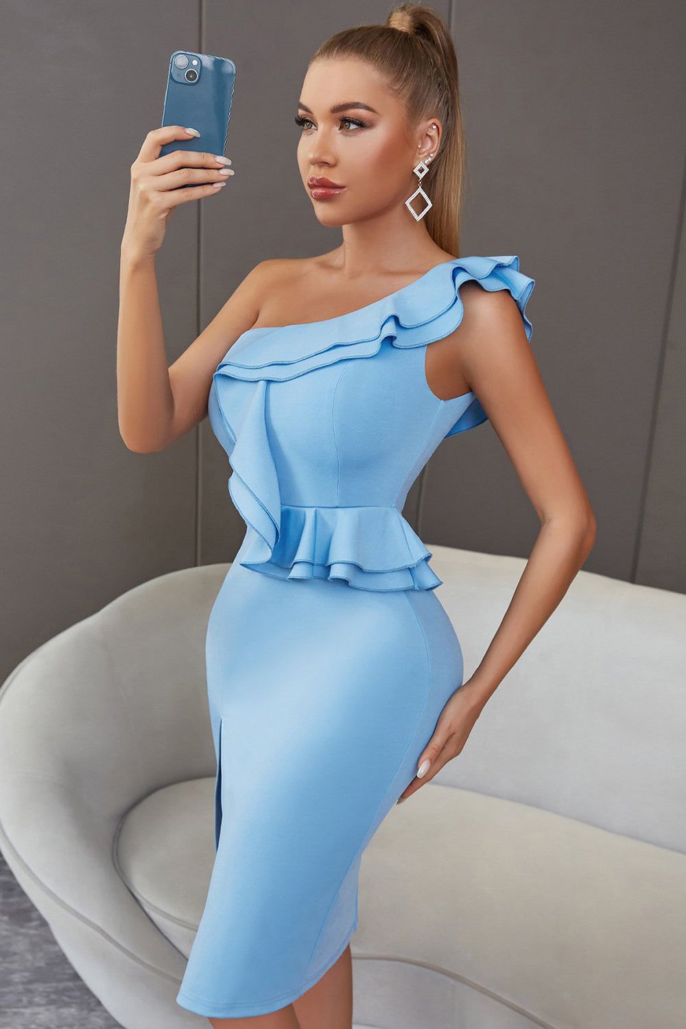 One Shoulder Blue Tight Cocktail Dress with Pleated sold by Zapaka