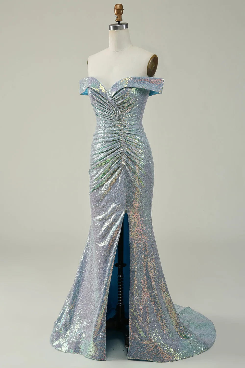 Mermaid Blue Sparkly Off the Shoulder Prom Dress With Slit sold by Zapaka product image thumbnail 3