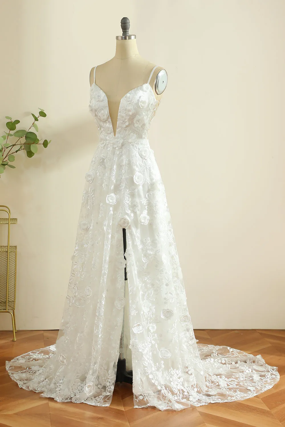 White Spaghetti Straps Boho Wedding Dress with Slit sold by Zapaka product image thumbnail 3
