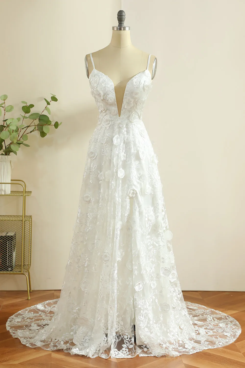 White Spaghetti Straps Boho Wedding Dress with Slit sold by Zapaka