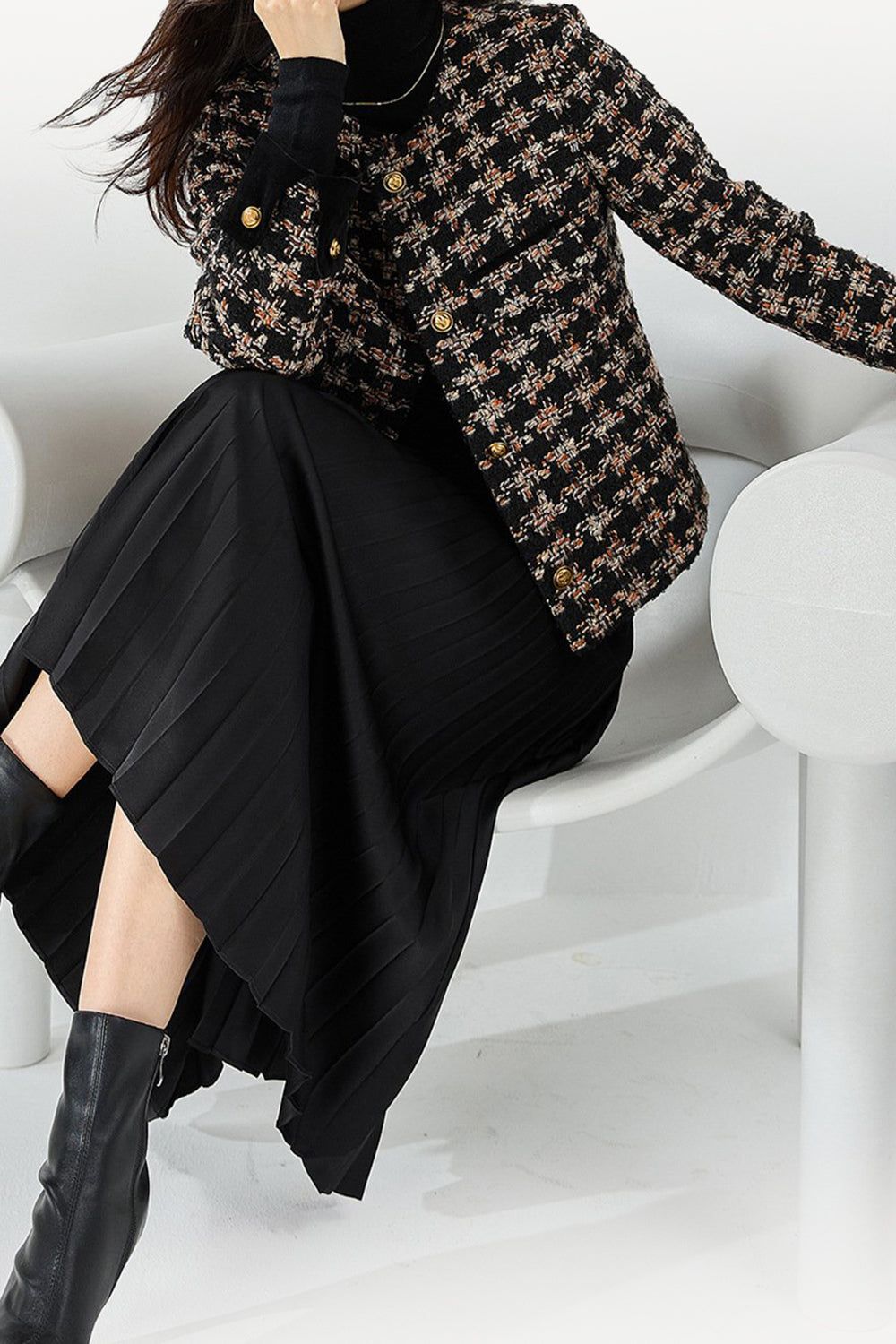 Black Plaid Tweed Cropped Open Front Women Jacket sold by Zapaka product image thumbnail 5