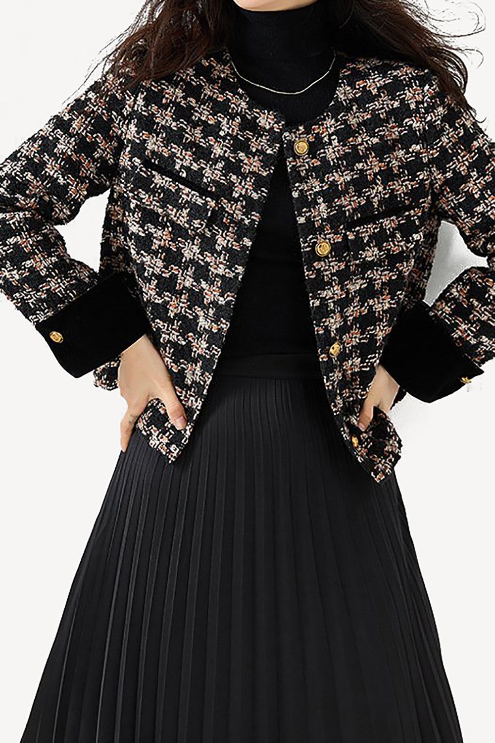 Black Plaid Tweed Cropped Open Front Women Jacket sold by Zapaka product image thumbnail 2