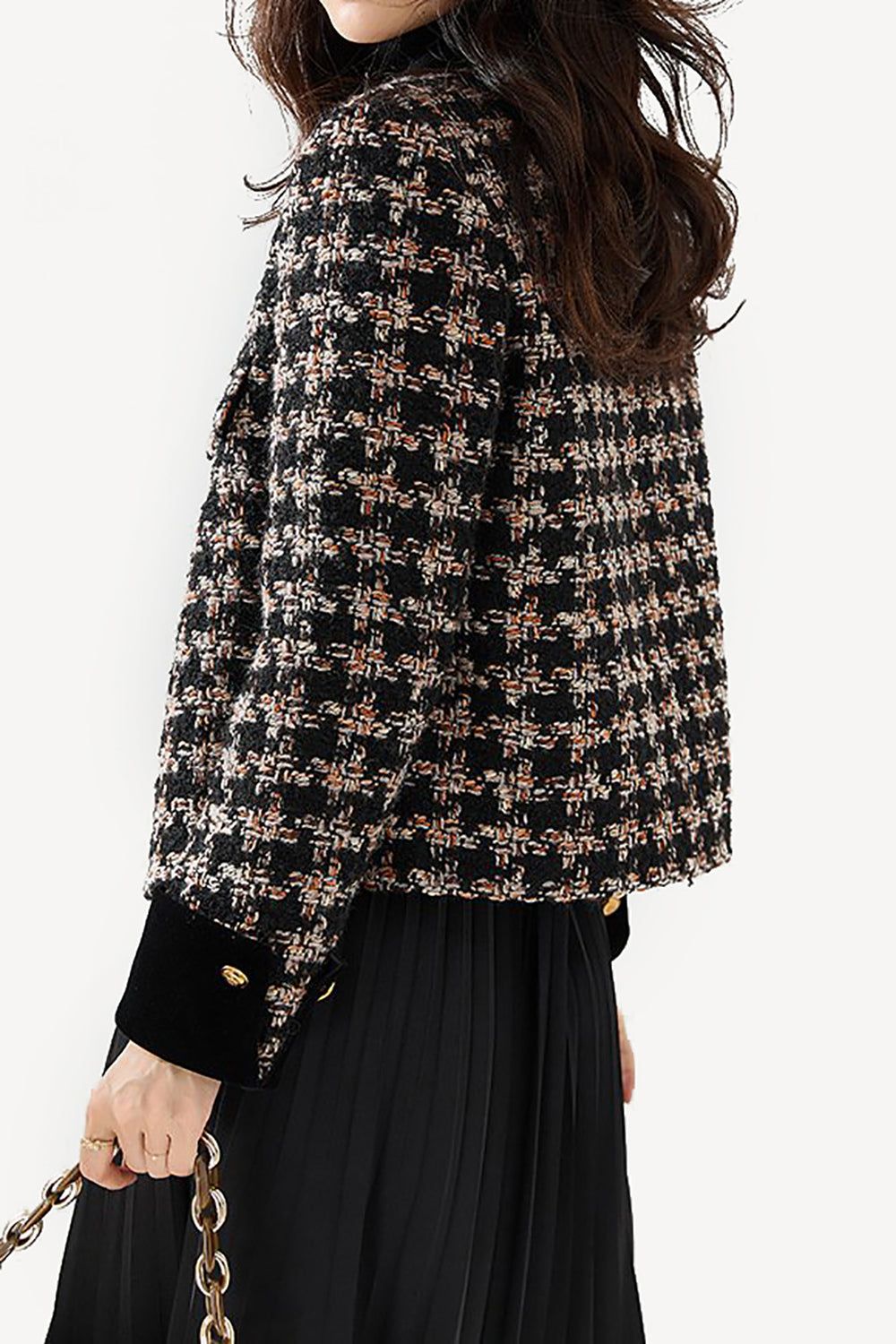 Black Plaid Tweed Cropped Open Front Women Jacket sold by Zapaka product image thumbnail 3