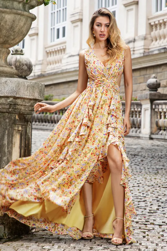 Yellow Small Flower A Line V Neck Pleated Wedding Party Guest Dress with Ruffles sold by Zapaka