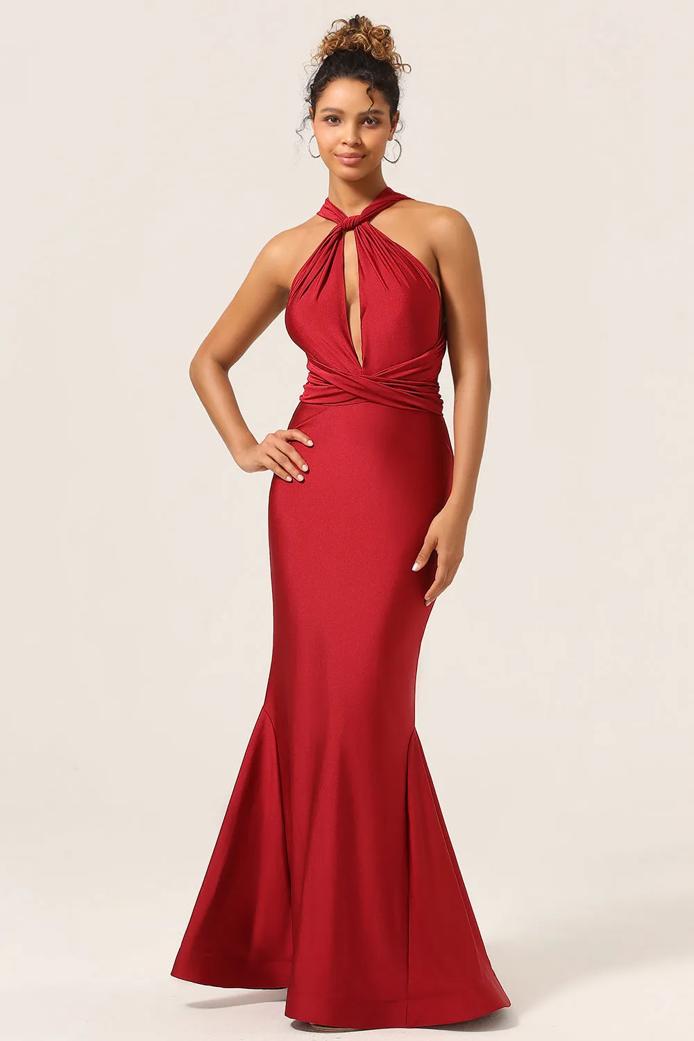 Satin Burgundy Halter Bridesmaid Dress sold by Zapaka