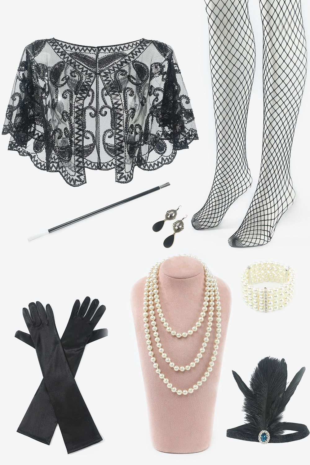 Black Sequins 1920s Flapper Plus Size Dress with 20s Accessories Set sold by Zapaka product image thumbnail 4