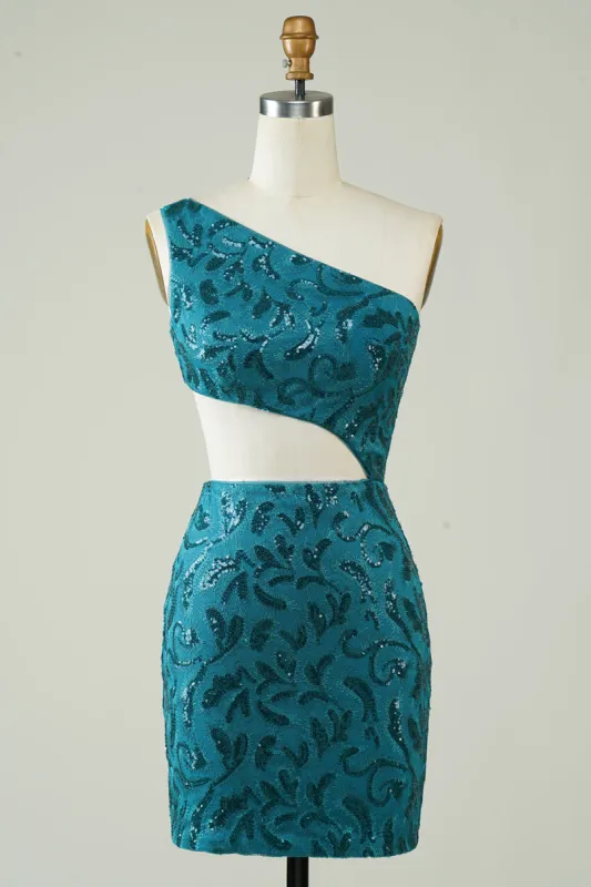 Blue Glitter One Shoulder Tight Homecoming Dress with Hollow-out sold by Zapaka